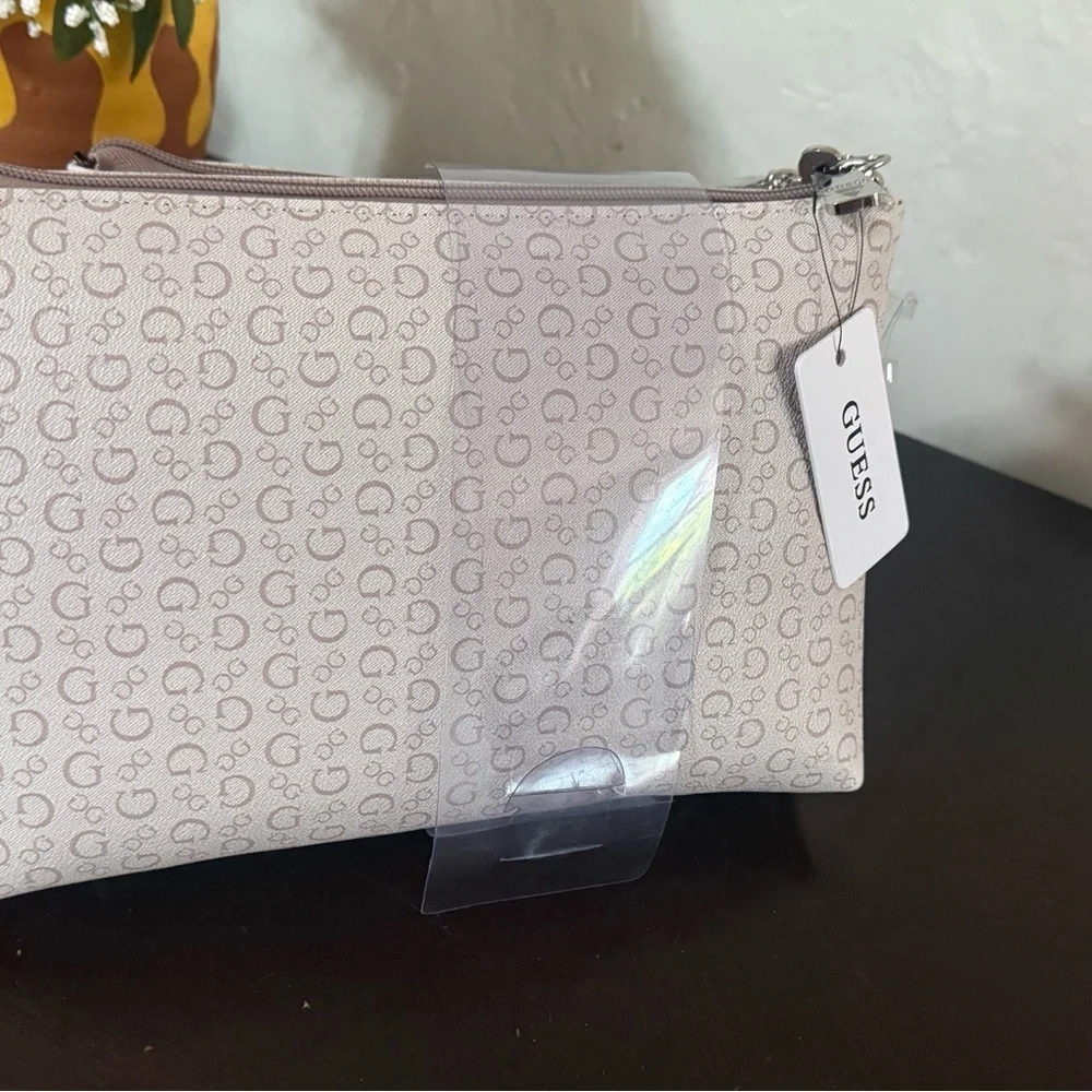 GUESS White and Light Gray Cosmetic Pouch with Red Logo